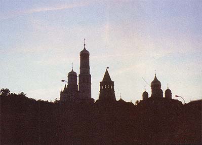 The golden domes and spires of the Kremlin, the heart of the Soviet empire, as seen from the Moskva River.